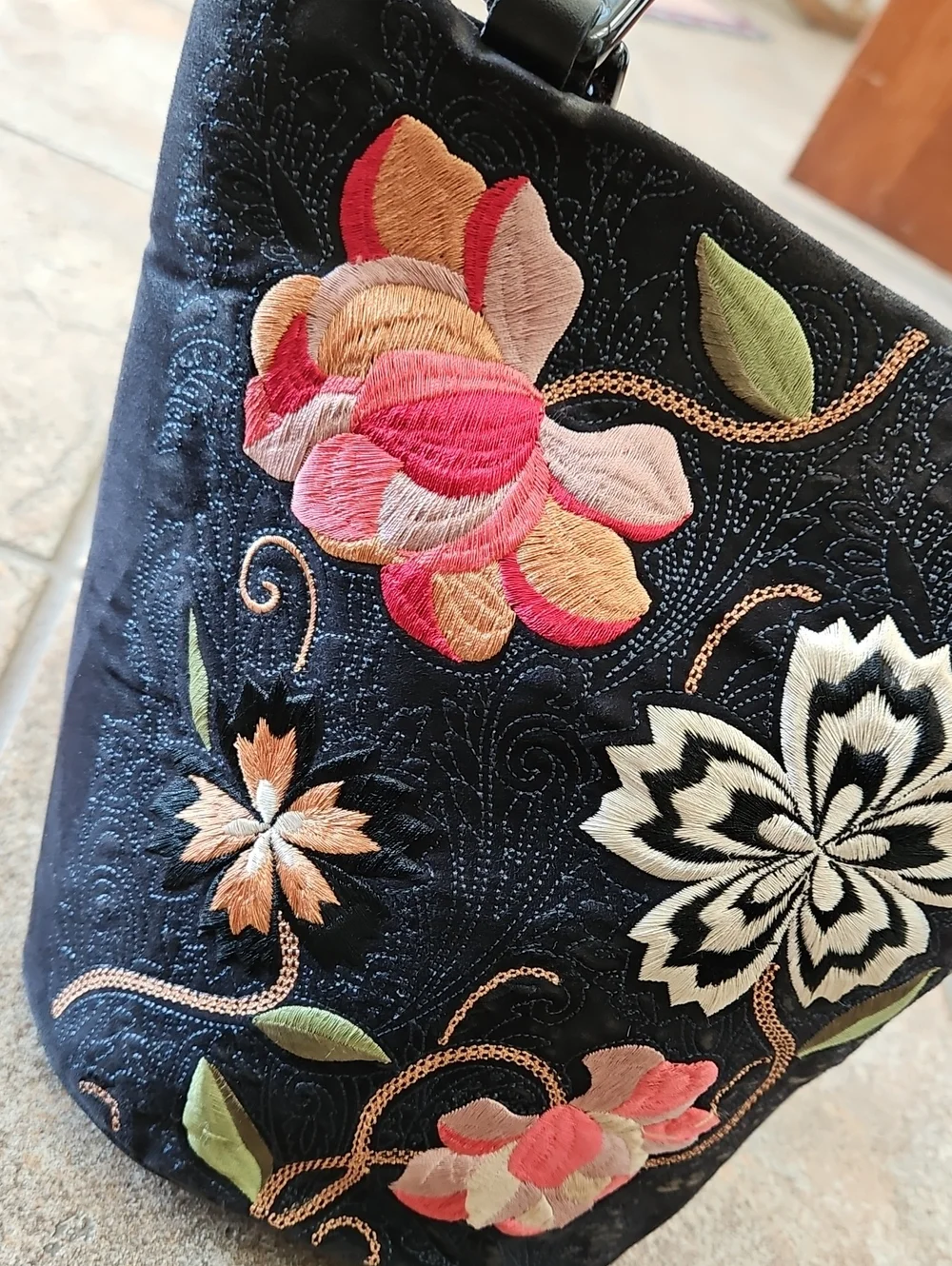 Talbots Black Floral Embroidered Tote Bag
